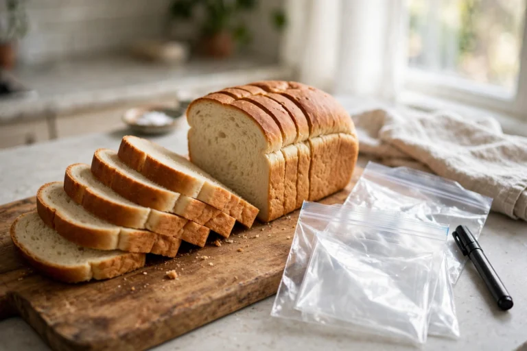 Sliced bread loaf with freezer bags ready for freezing.