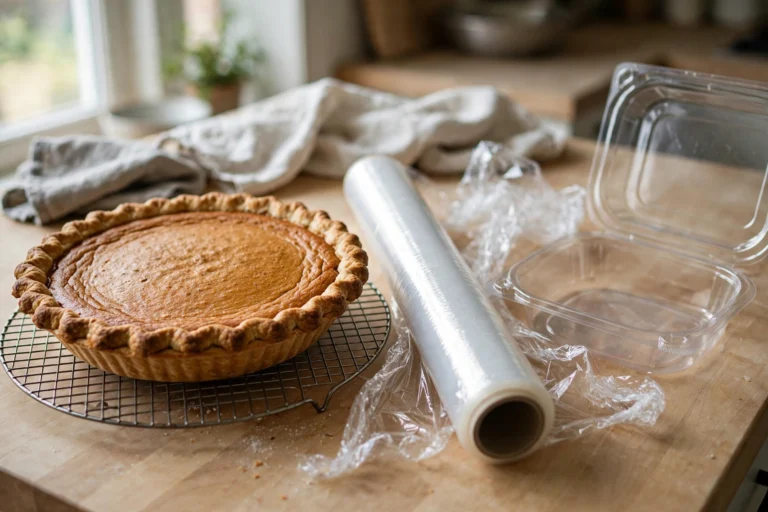 Whole pumpkin pie cooling before wrapping for the freezer.
