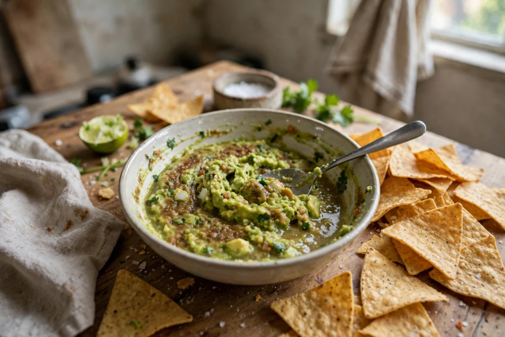 Bowl of thawed guacamole with tortilla chips and lime on a wooden table