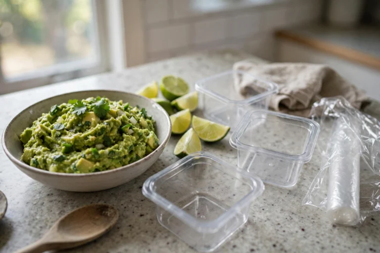 Fresh guacamole with lime and containers ready for freezing.