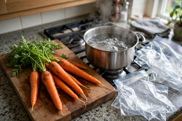 Fresh carrots and freezer bags ready for blanching.