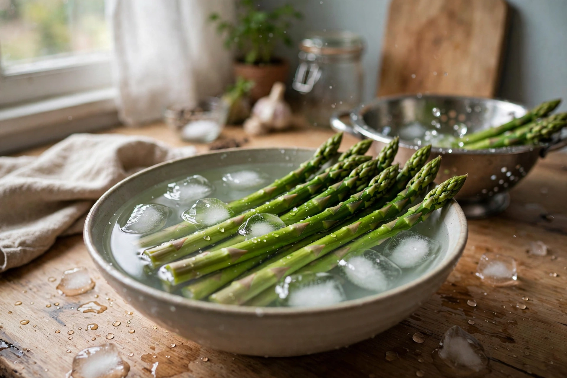 Blanched asparagus spears cooling in ice water to keep their green color.