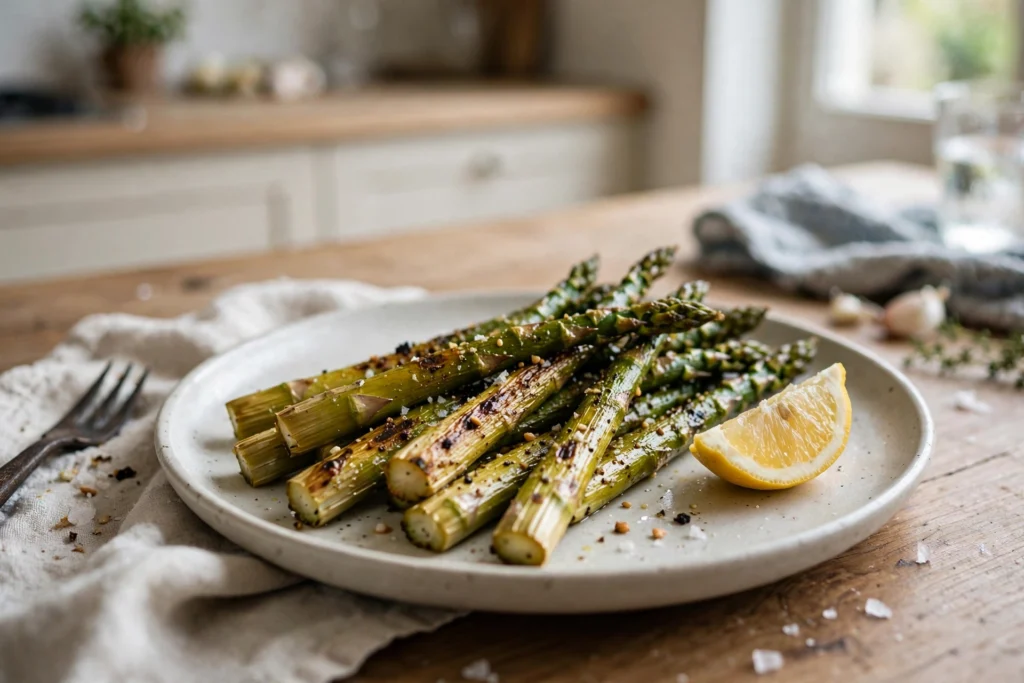 Roasted asparagus spears with a lemon wedge on a plate