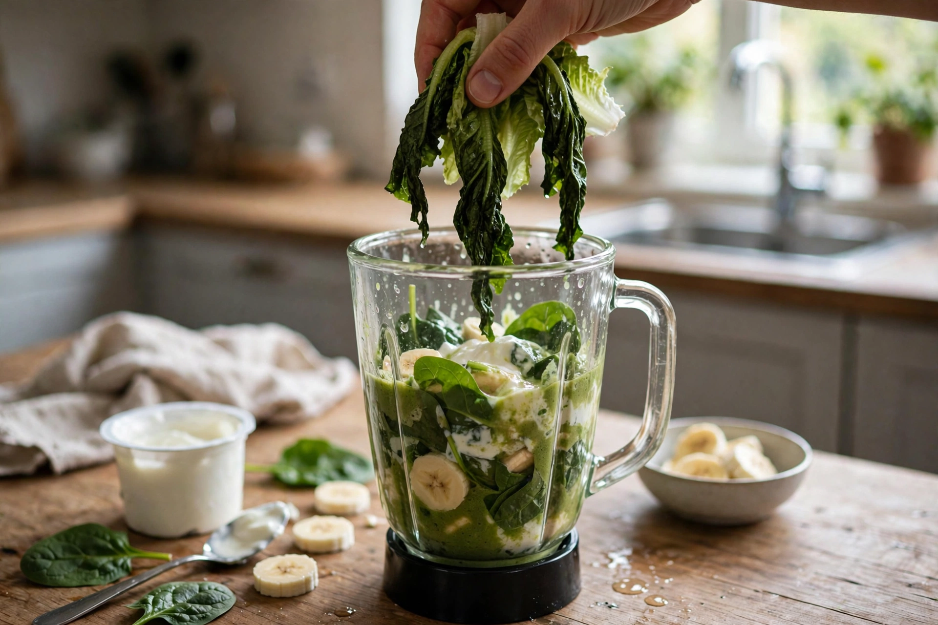 Thawed lettuce leaves going into a green smoothie blender