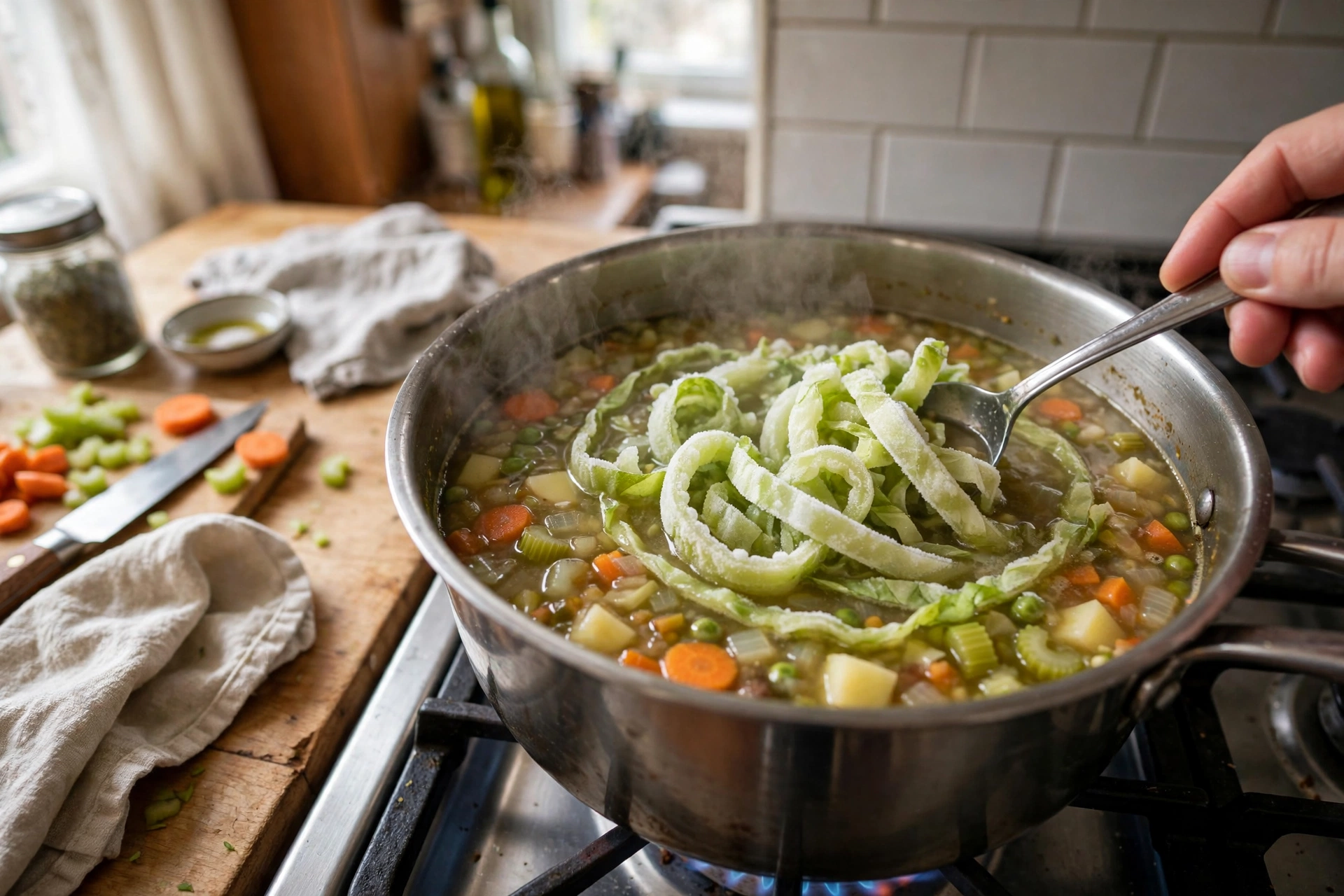 Frozen lettuce ribbons being stirred into a pot of vegetable soup.