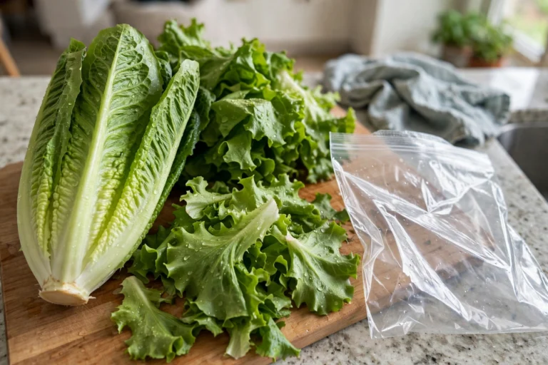 Fresh lettuce leaves and a labeled freezer bag on a home cutting board