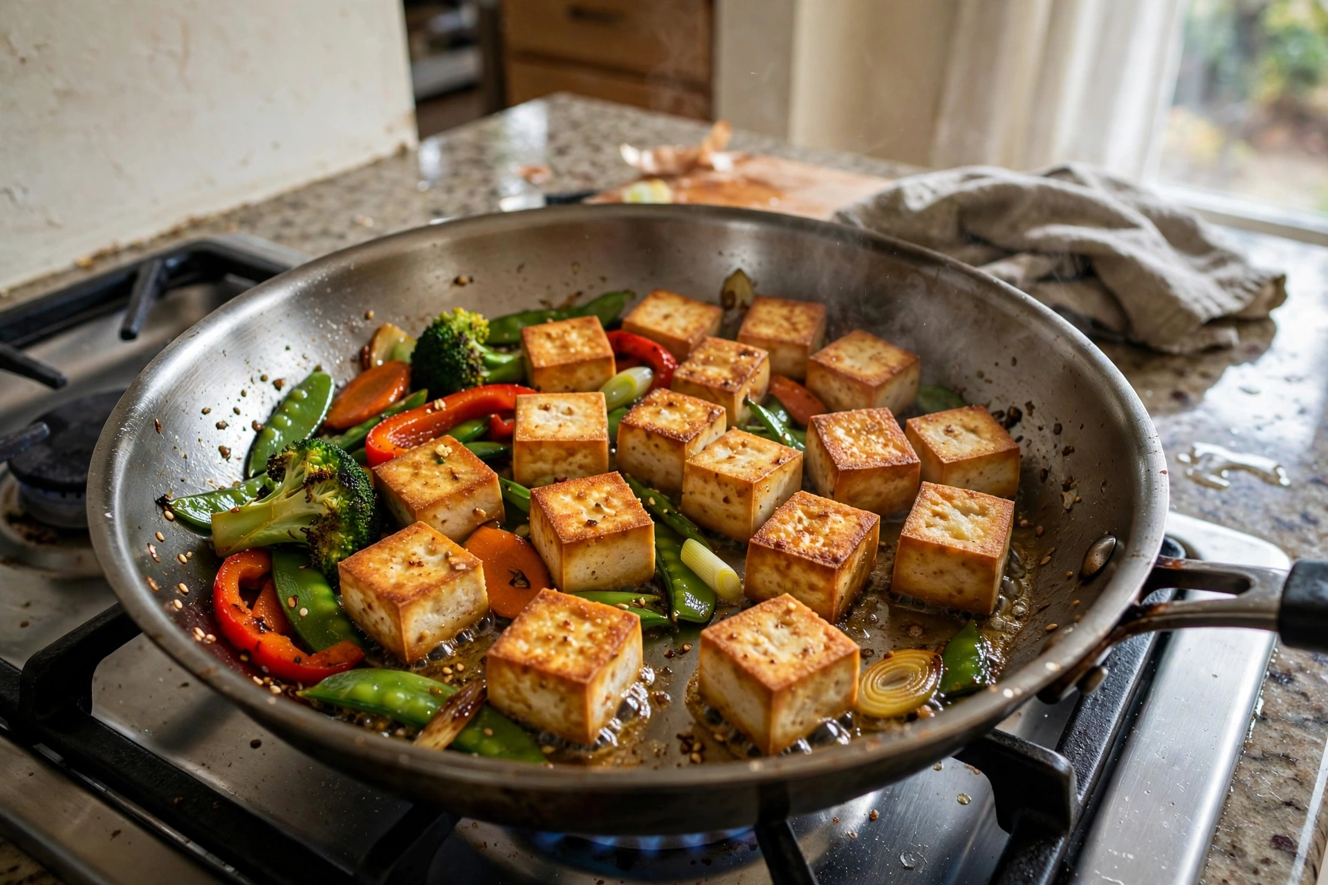 Thawed tofu cubes cooking in a skillet with vegetables