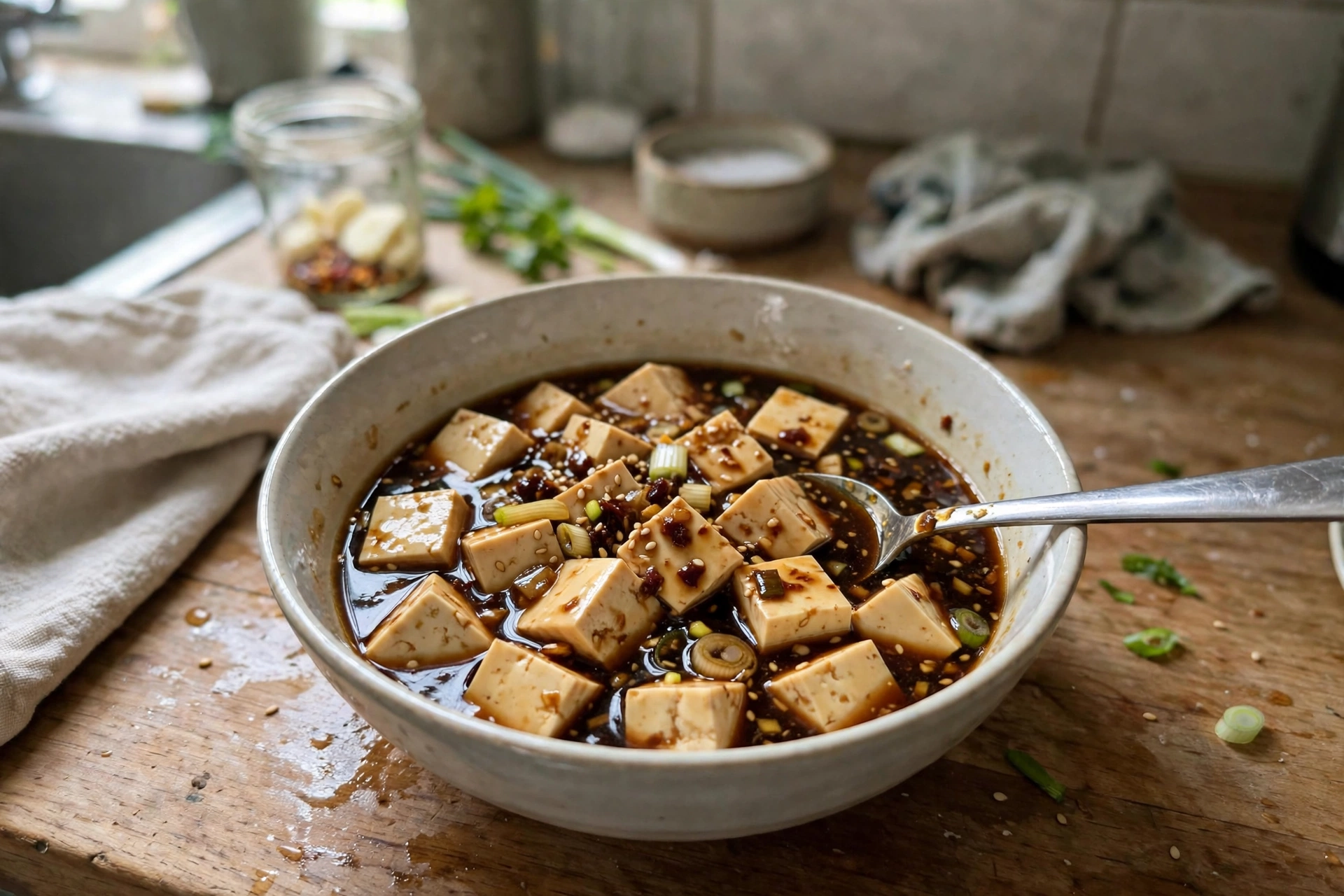 Thawed tofu cubes marinating in a bowl of savory sauce