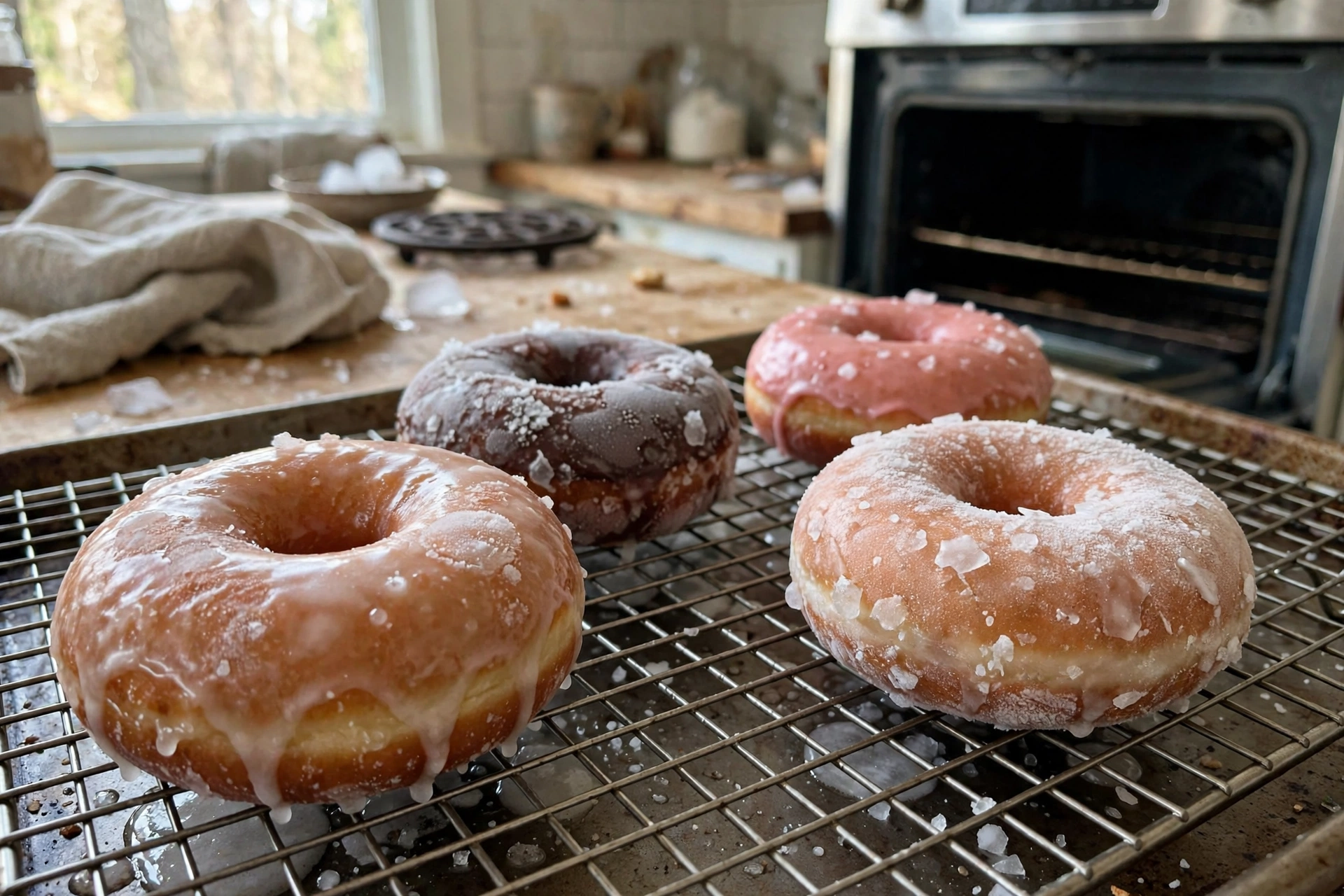 Reheated donuts cooling on a wire rack