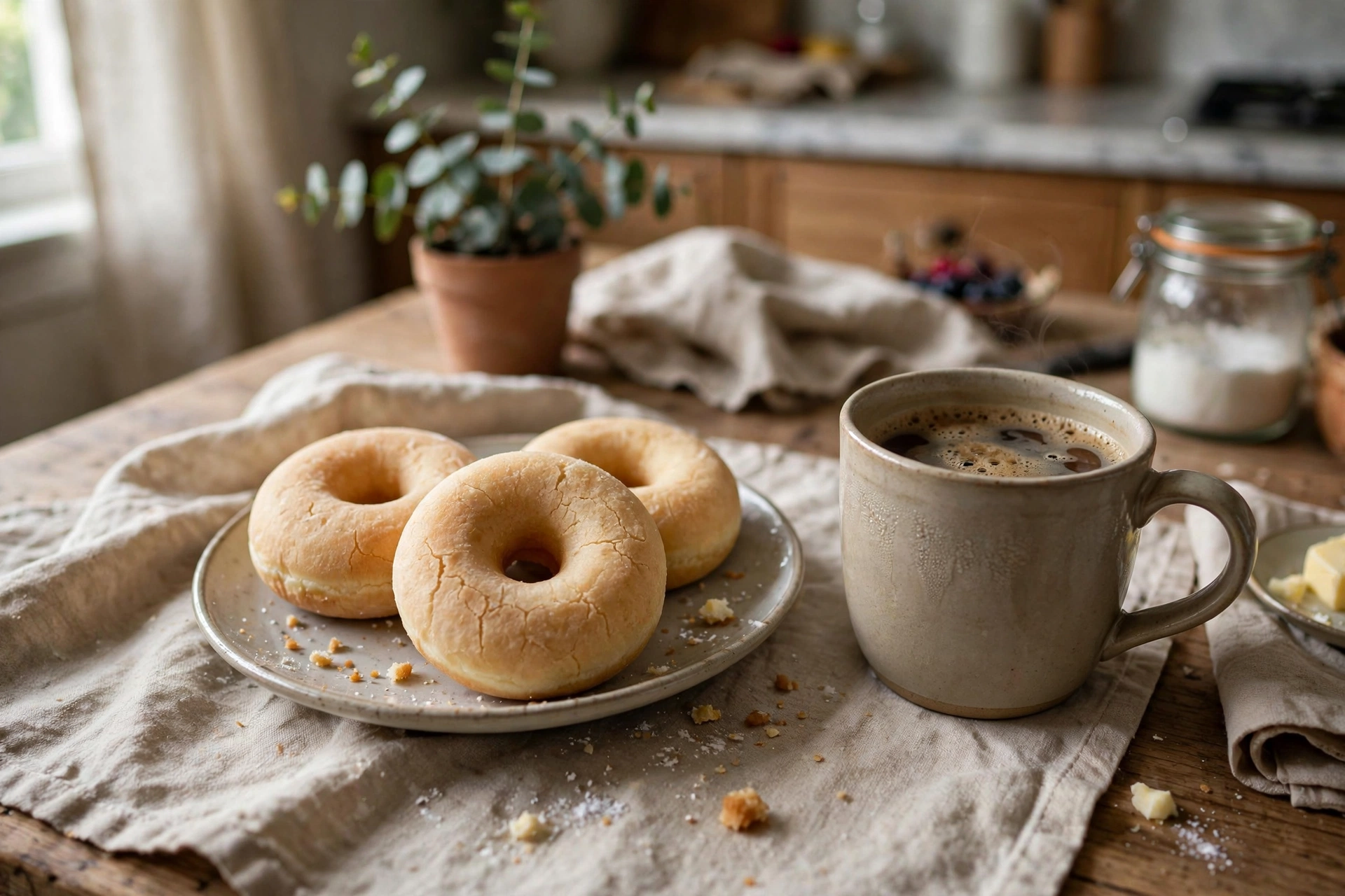 Warmed plain donuts on a plate beside a cup of coffee