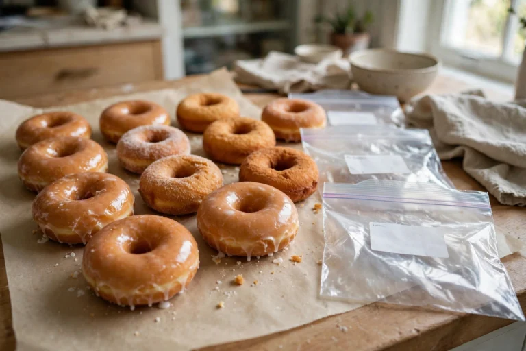 Plain and glazed donuts with freezer bags ready for storage