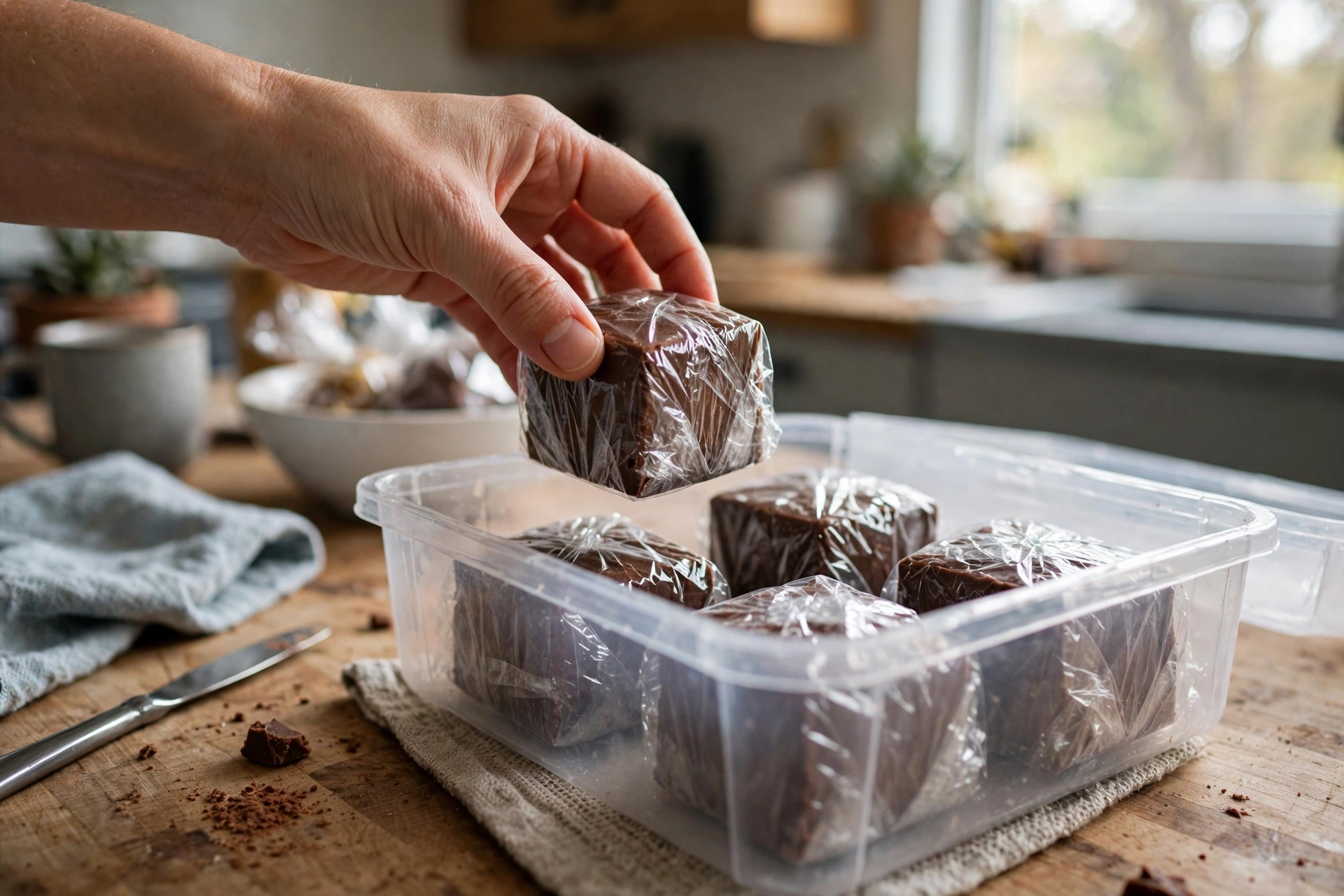 Wrapped fudge squares packed in a freezer container with little air space.