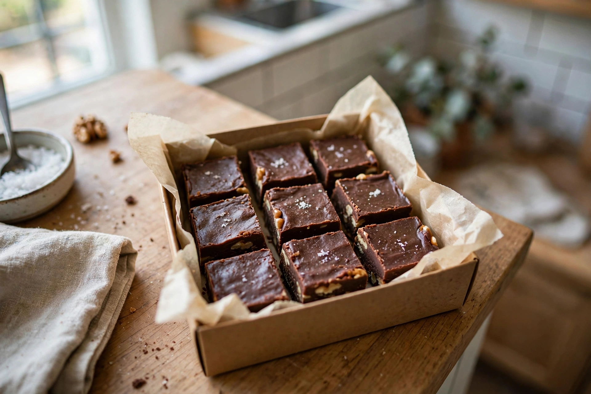 Chocolate fudge squares arranged in a parchment lined box