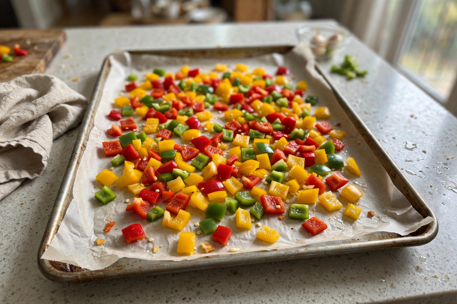 Diced bell peppers spread in one layer on a tray ready for the freezer.