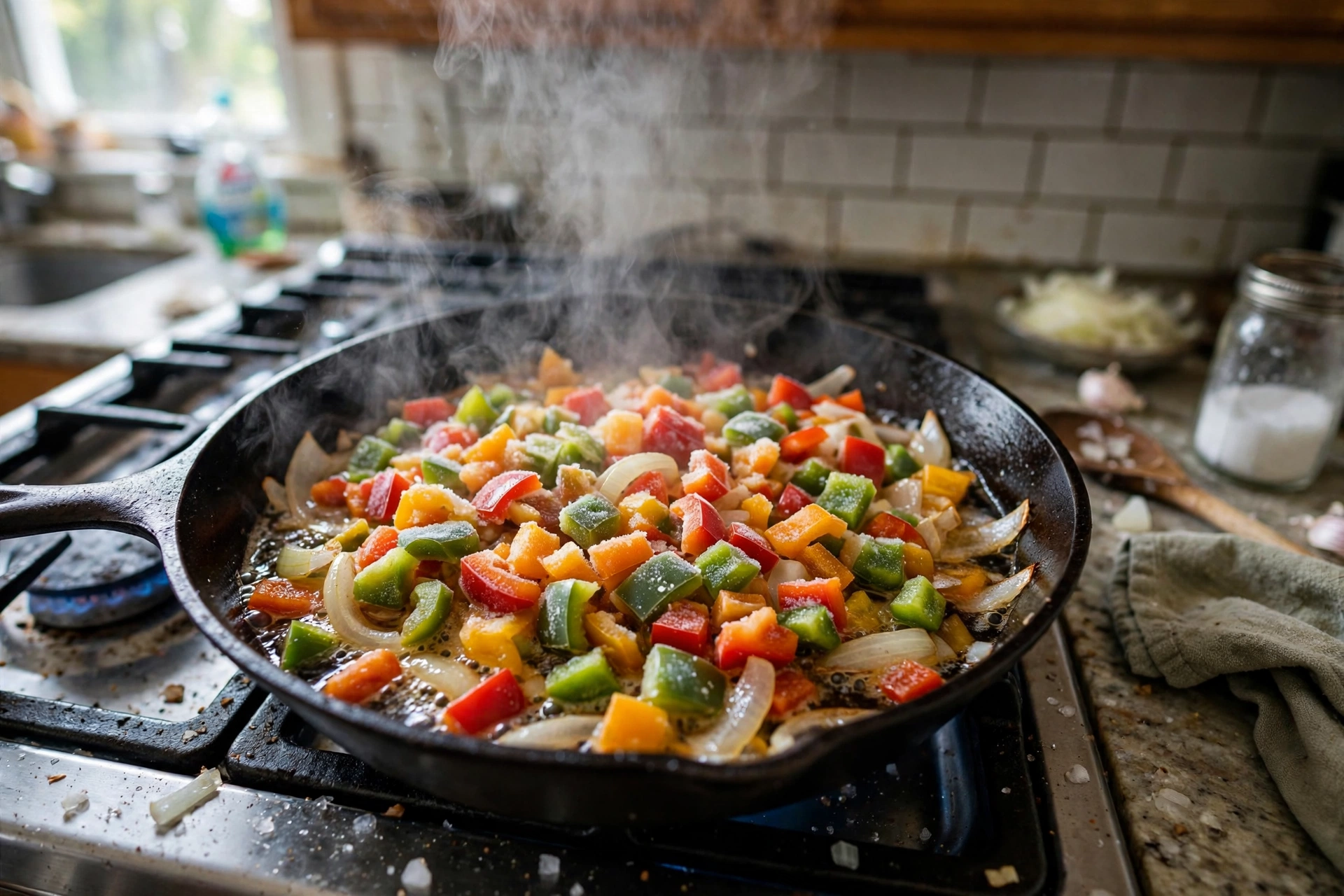 Frozen chopped bell peppers and onions cooking in a cast iron skillet