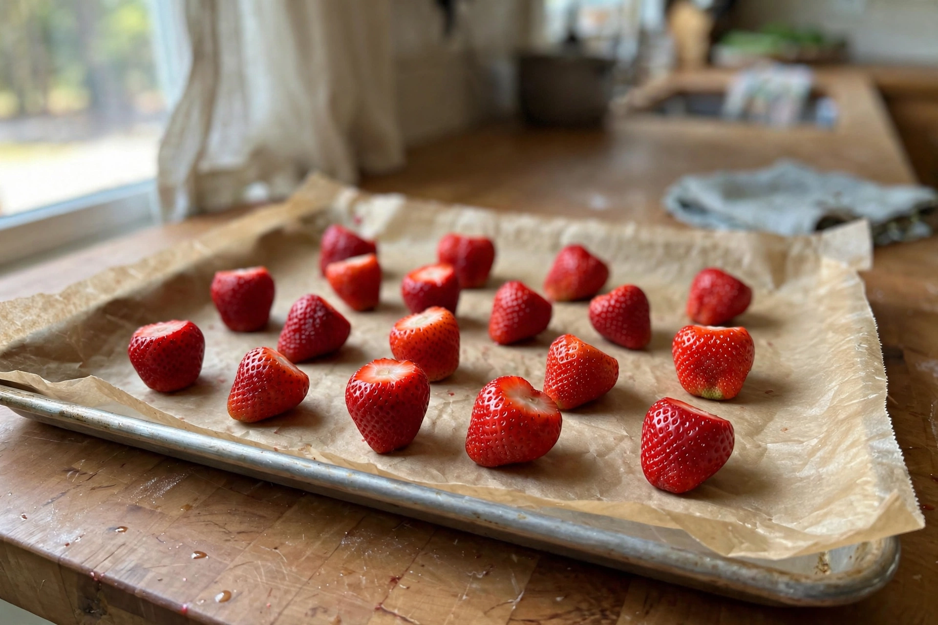 Hulled strawberries in a single layer on a tray prepared for freezing.