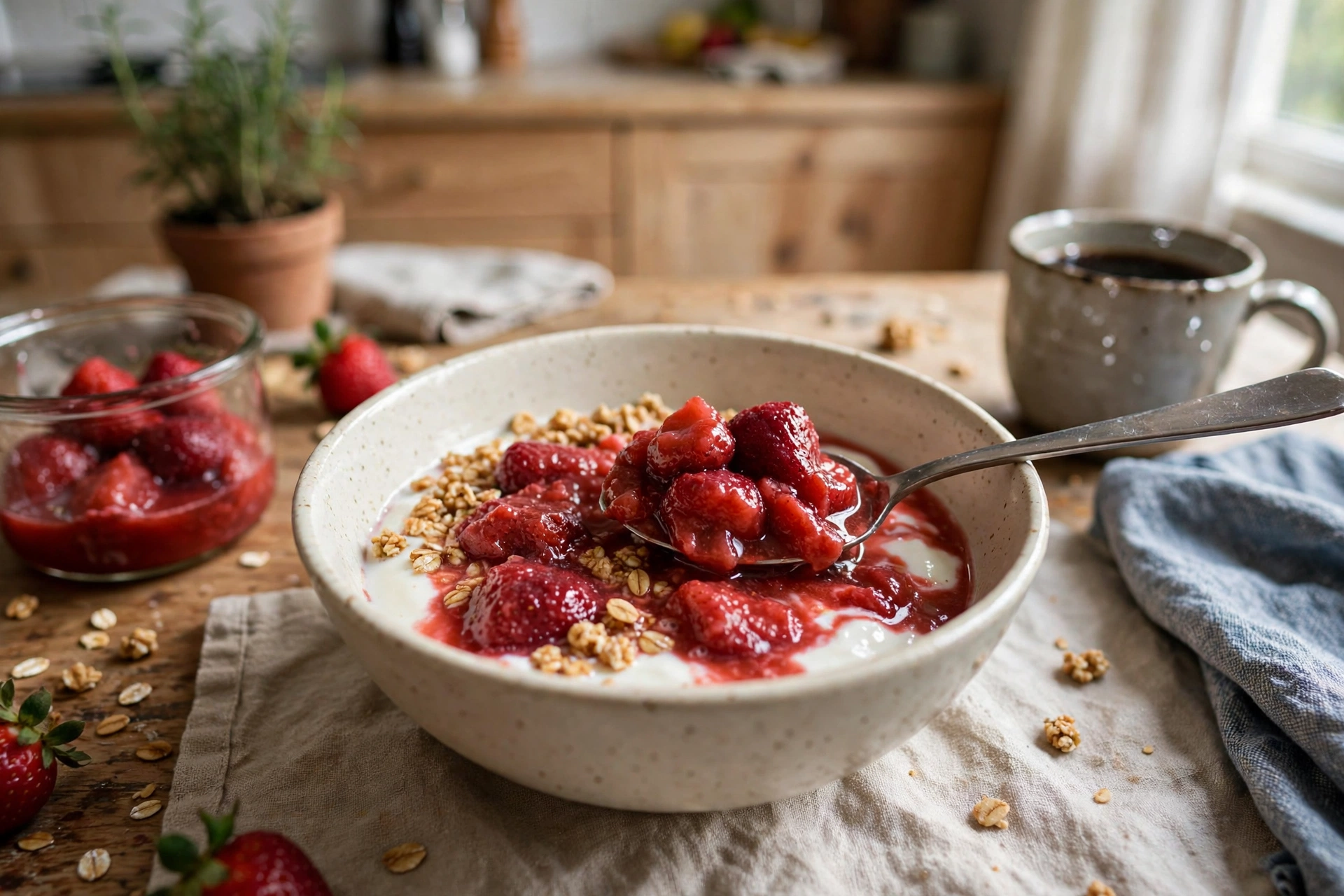 Thawed strawberries spooned over yogurt and granola