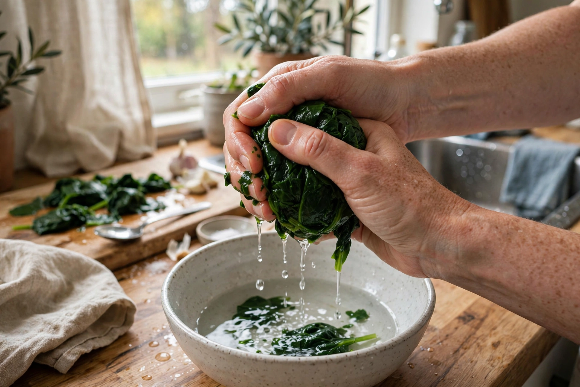 Hands squeezing blanched spinach over a bowl to remove the water.