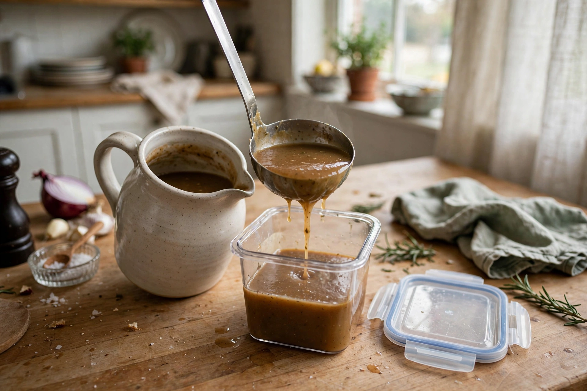 Gravy being ladled into a freezer container with headspace at the top.