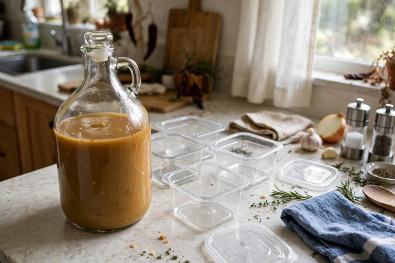 A jug of gravy next to small containers ready for freezing.
