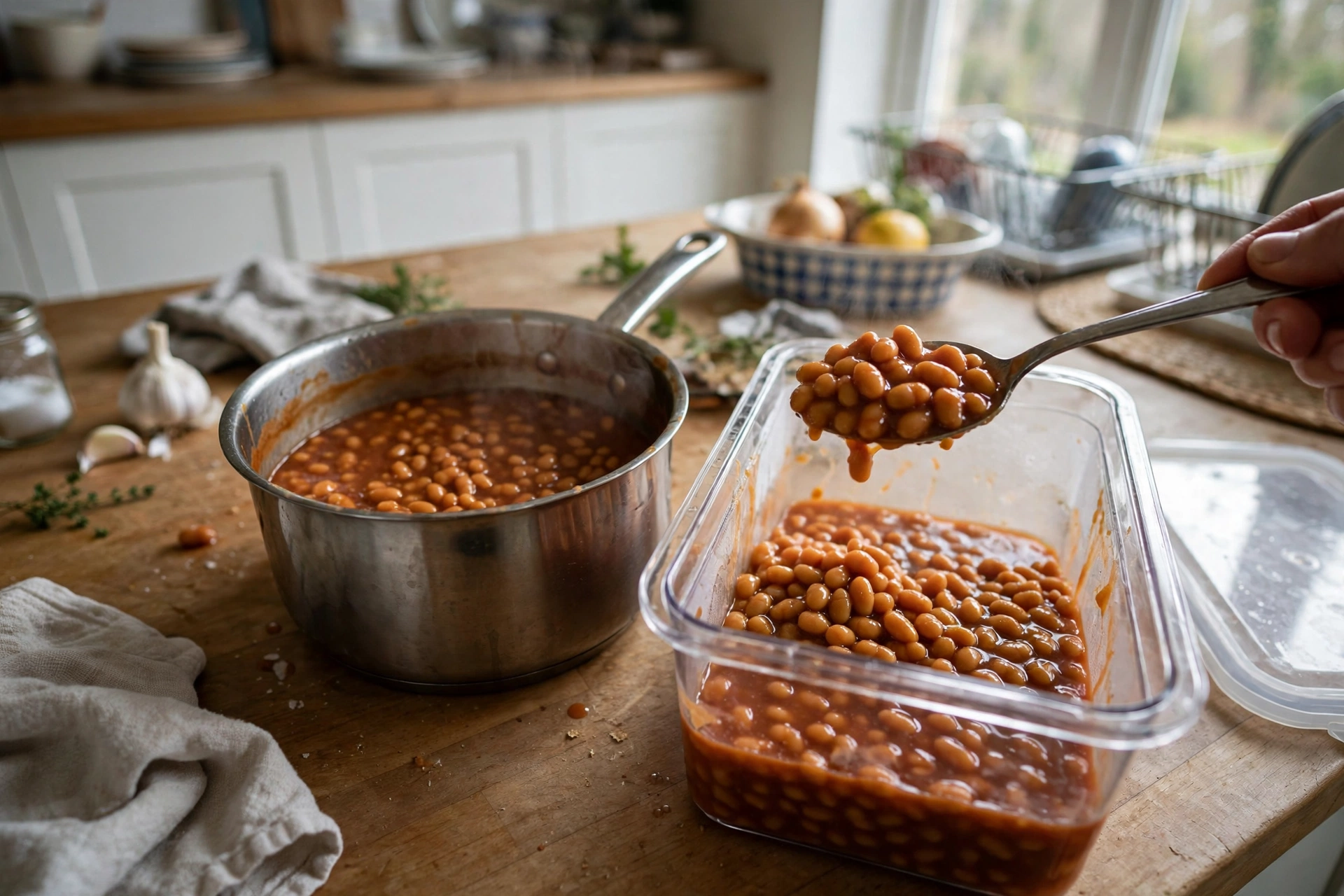 Baked beans being spooned into a container with headspace left.