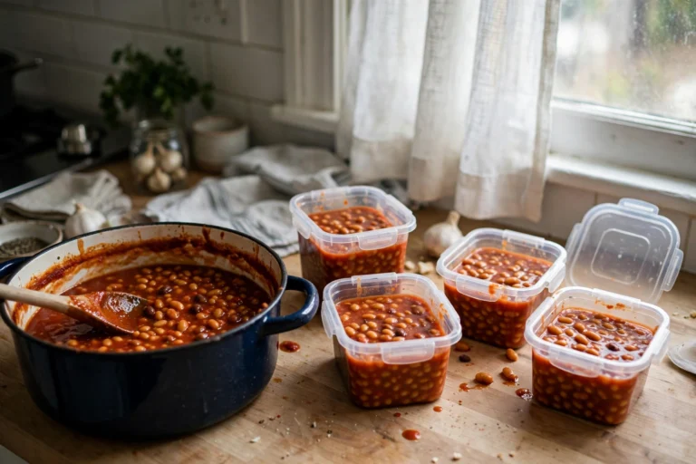 A pot of baked beans next to containers ready for the freezer.