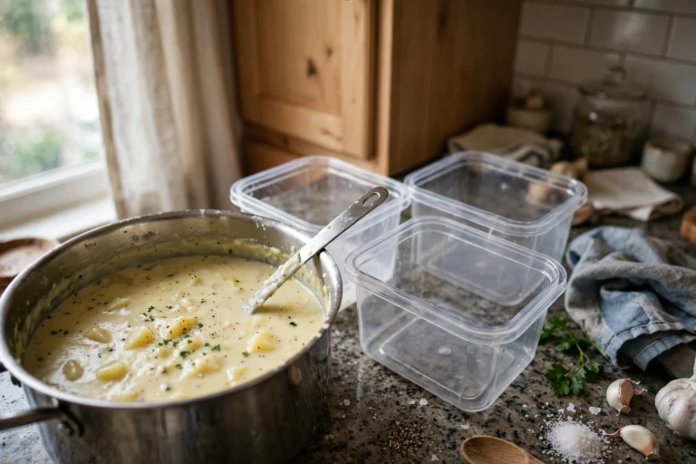 A pot of potato soup next to containers ready for portioning.