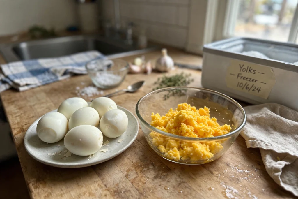 Peeled hard boiled eggs next to a bowl of cooked yolks for freezing.