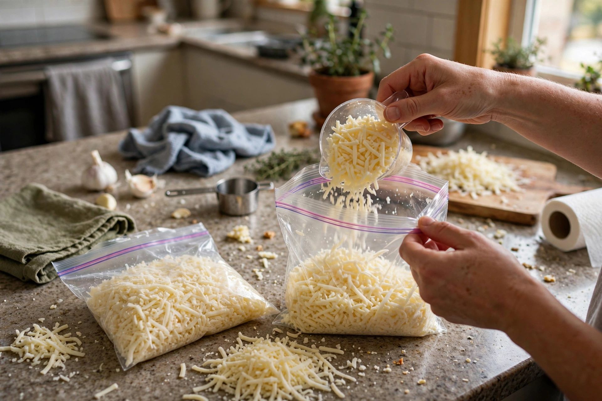 Hands filling freezer bags with shredded mozzarella portions.