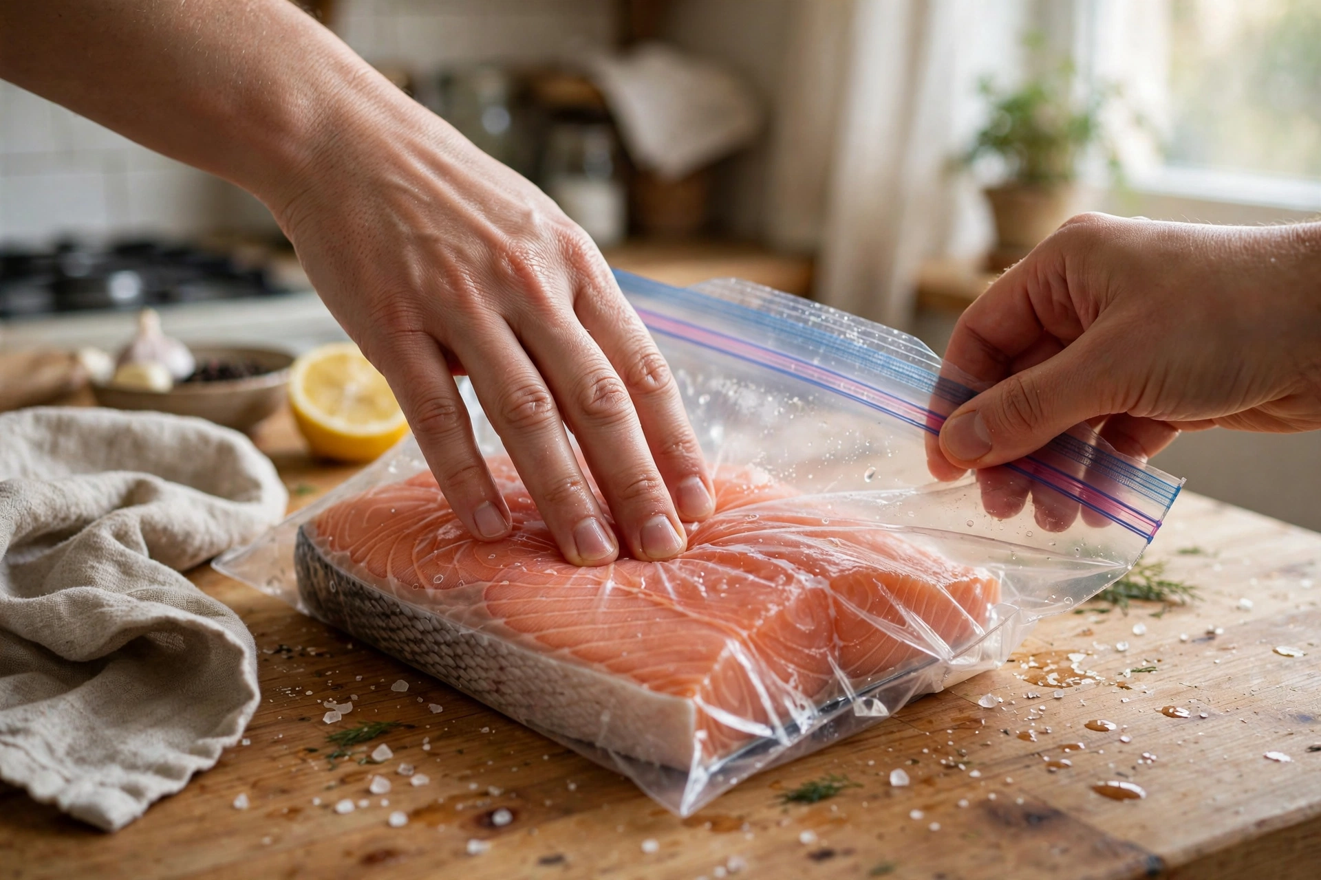 Hands pressing air out of a freezer bag around a salmon fillet.
