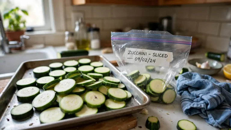 Zucchini rounds on a tray beside a labeled freezer bag of slices.