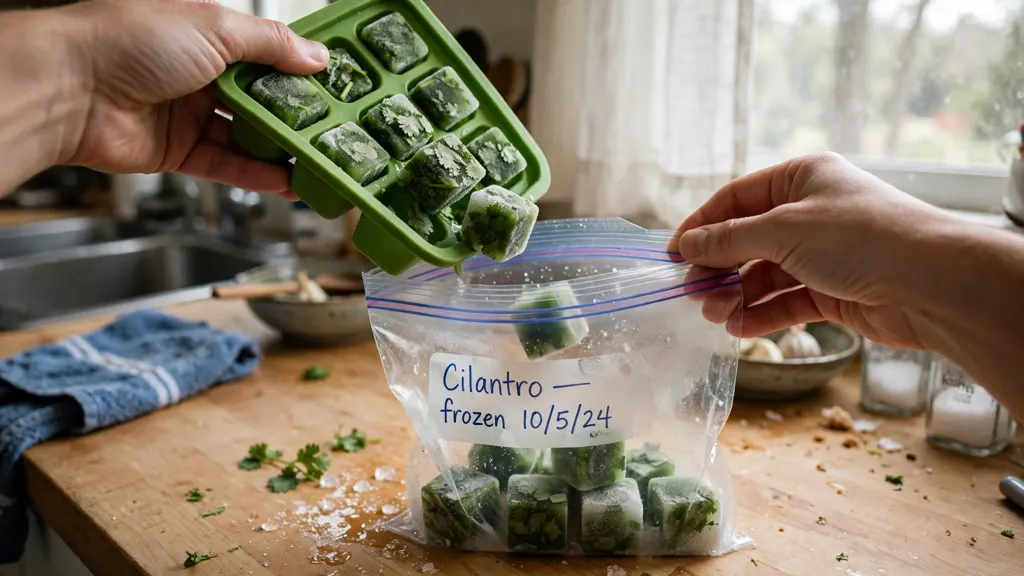 Frozen cilantro cubes being popped from a tray into a freezer bag.