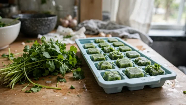 Fresh cilantro bunch beside an ice cube tray of green herb cubes.
