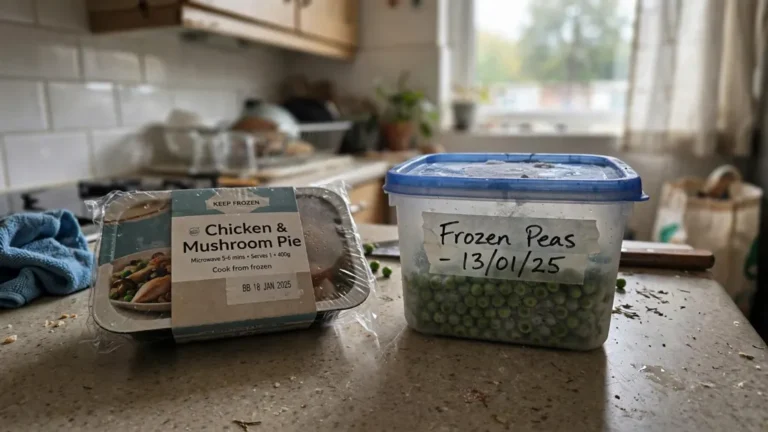 Sealed ready meal tray beside a freezer container on a counter.