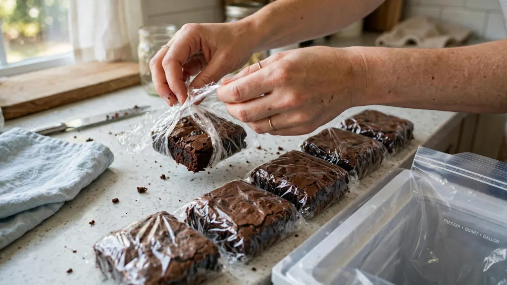 Hands wrapping one brownie square tightly in plastic wrap.
