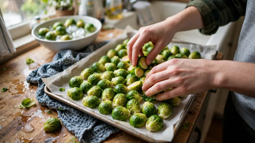 Hands spreading blanched brussels sprouts on a lined baking tray.