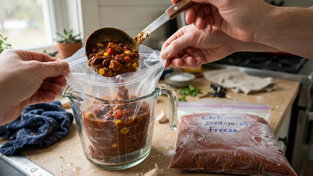 Hands ladling cooled chili into a freezer bag in a measuring jug.