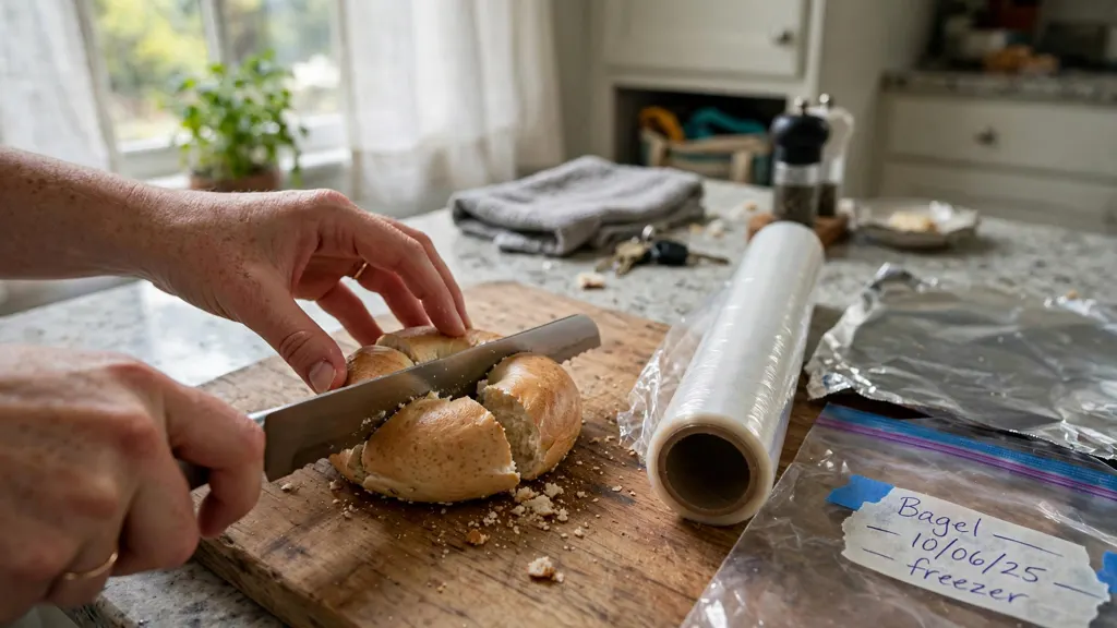 Hands slicing a bagel in half on a wooden board.