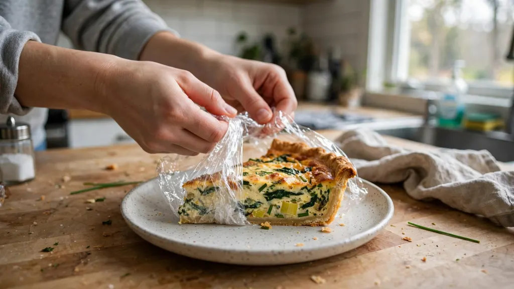 Hands wrapping a slice of quiche tightly in plastic wrap.