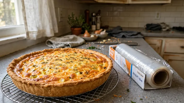 Golden quiche cooling on a wire rack beside a roll of wrap.