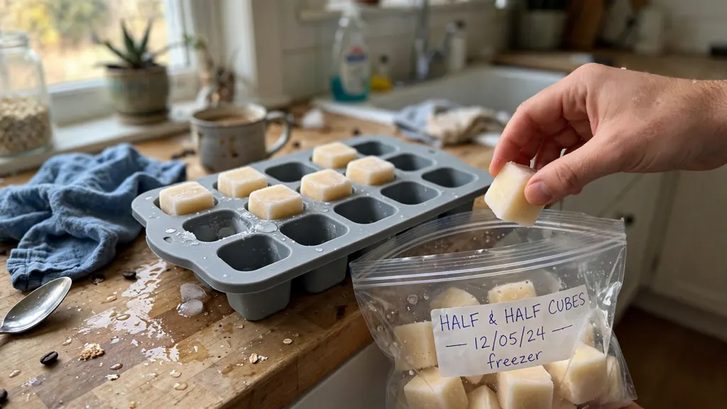 Frozen half and half cubes being popped from a tray into a bag.
