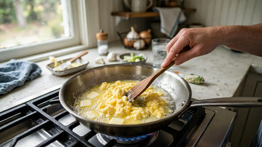 Hands reheating scrambled eggs gently in a buttered skillet.