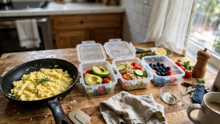 A pan of soft scrambled eggs beside portion containers on a kitchen counter.
