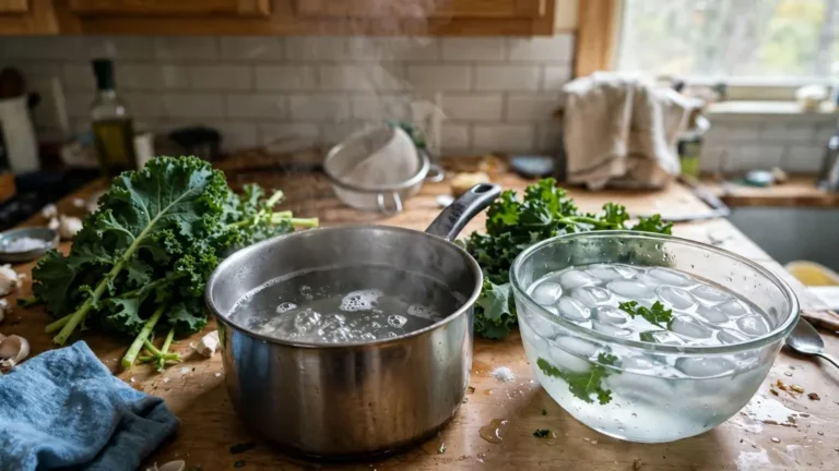 Fresh kale leaves beside a pot of boiling water and a bowl of ice water.