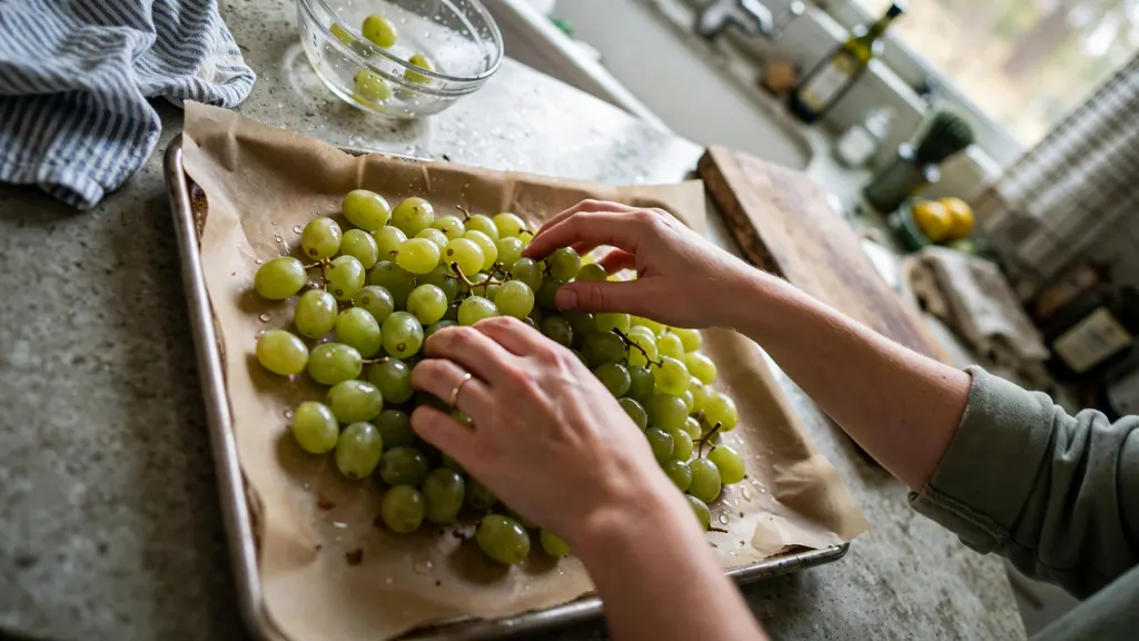 Hands spreading washed grapes in one layer on a lined tray.