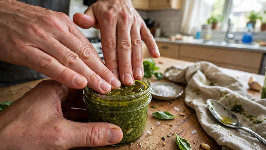 Hands pressing a thin layer of olive oil over pesto in a small jar.