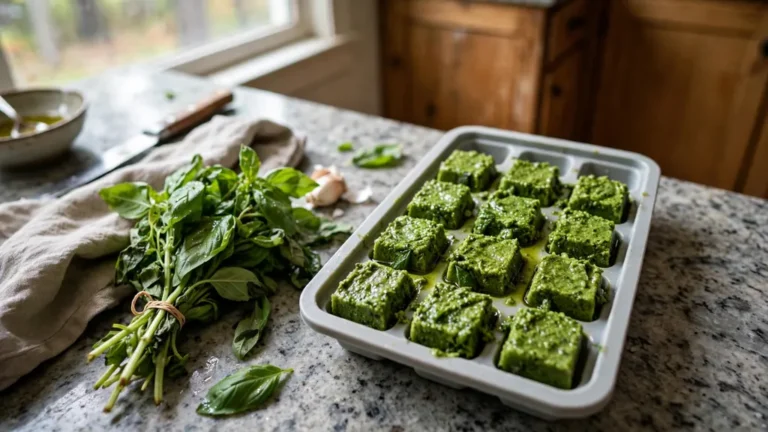An ice cube tray filled with bright green pesto beside a bunch of basil.