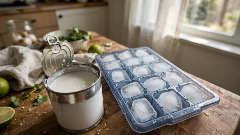 An open can of coconut milk beside a filled ice cube tray on a kitchen counter in natural light.