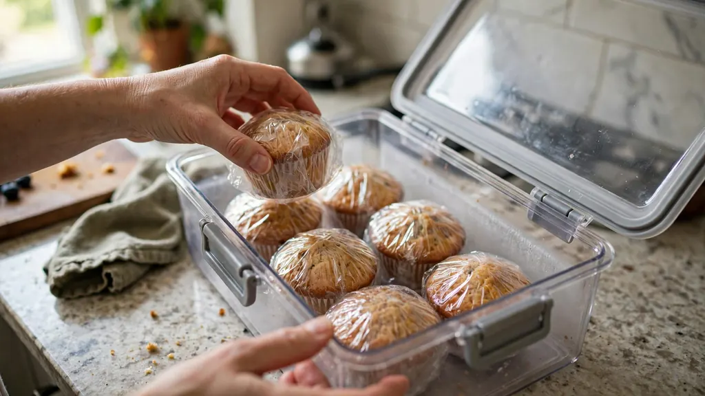 Hands placing wrapped cupcakes in one layer inside a rigid freezer container.