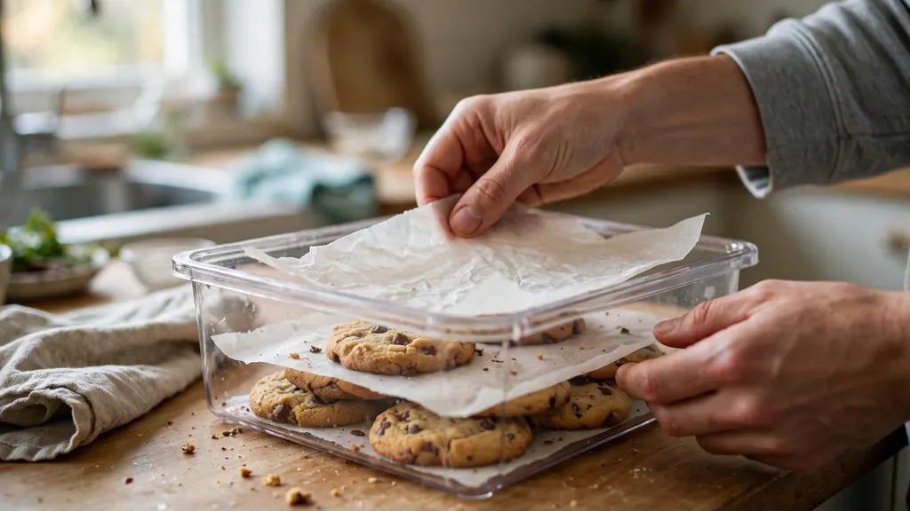 Hands layering cookies with parchment in a freezer container before sealing it.